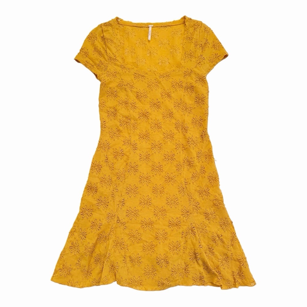 Free People Anthro Mustard Yellow Eyelet Dress Small Square Neck Cap Sleeve Boho